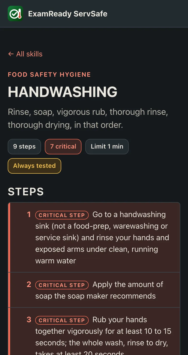 ServSafe skill page for Handwashing on a phone with numbered steps and critical steps flagged